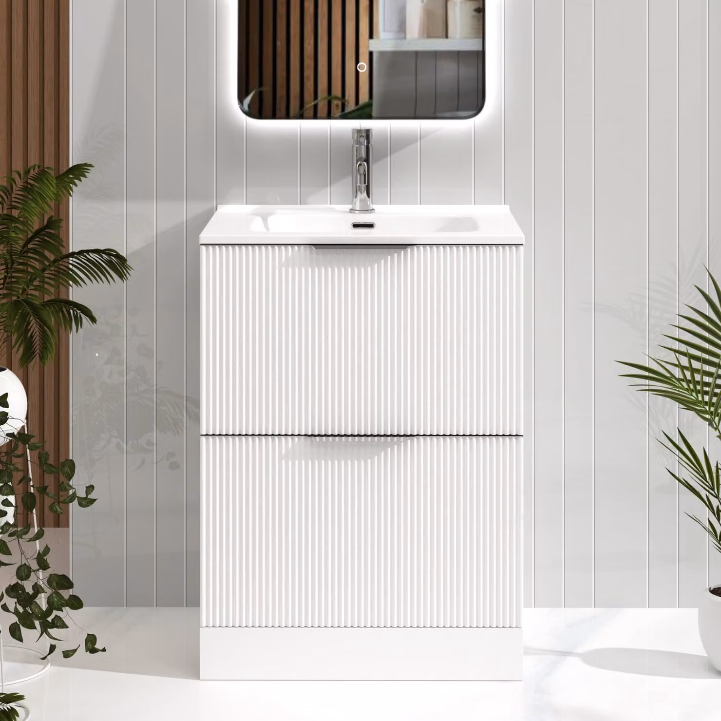 Royal Bathrooms Evora 600mm Matt White Fluted Floor Standing 2 Drawer Vanity Unit with Ceramic Basin