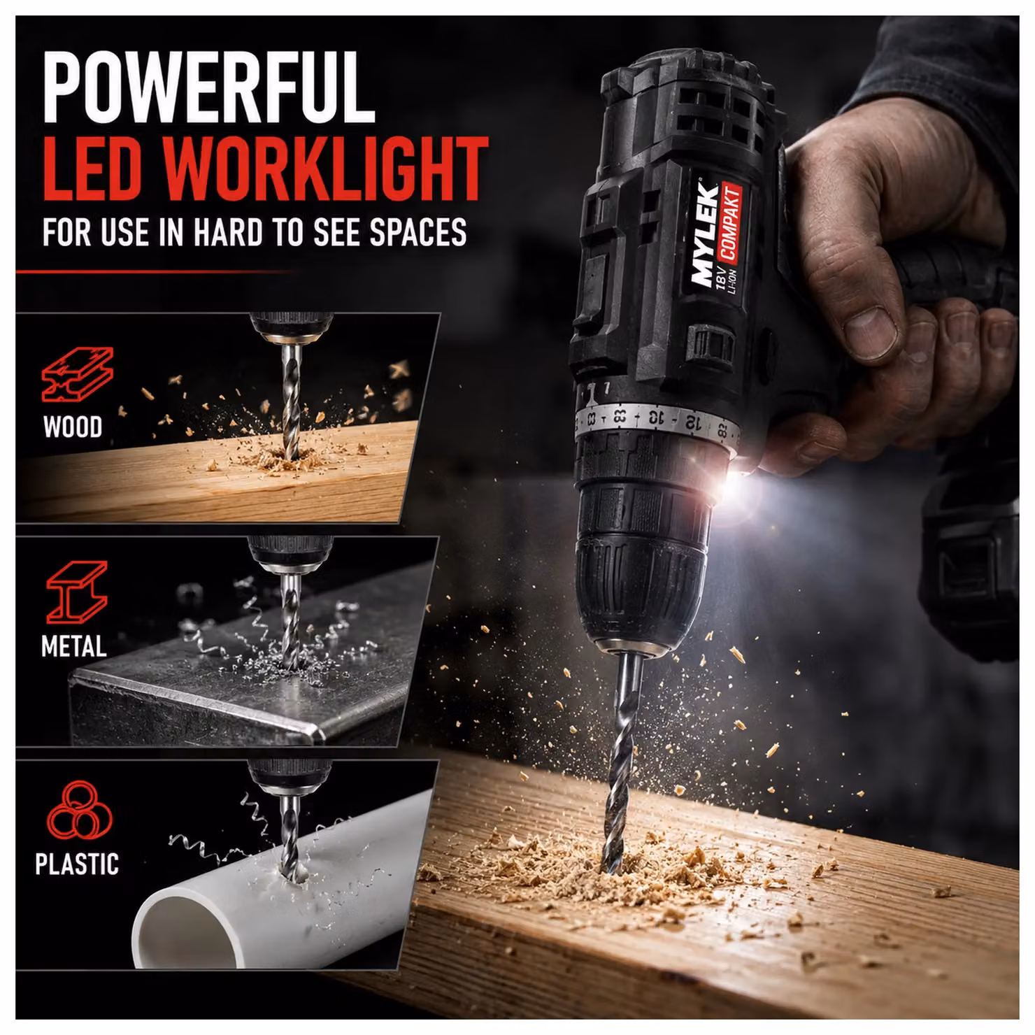 MYLEK 18V Cordless Li-ion Drill with 13 Piece Accessory Set in Black – 4