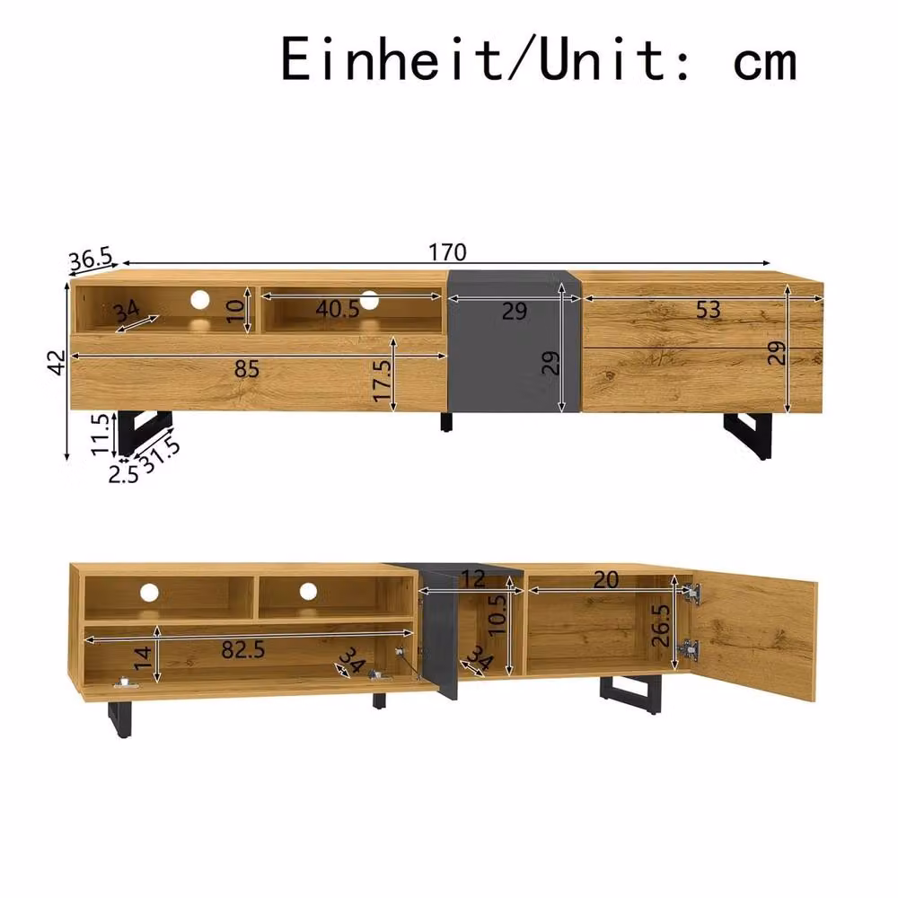 Havendro Modern Brown Wood and Metal TV Cabinet with Media Compartments and Shelves – 2