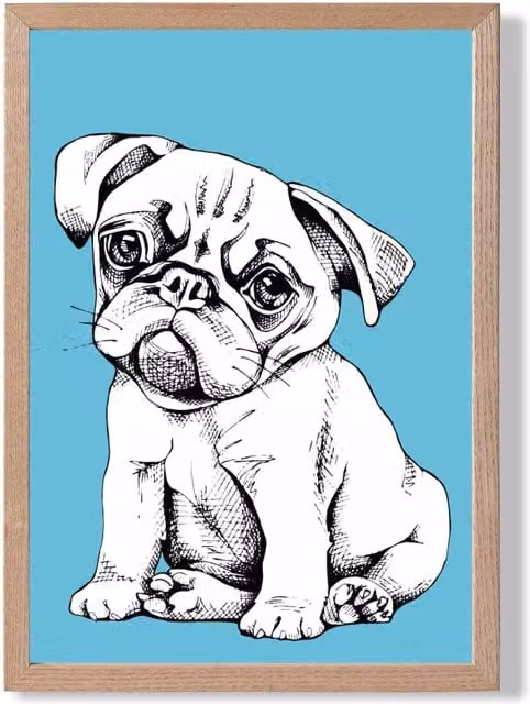 ARTZE Sketch Pug Dog Framed Print in Bright Blue with Oak Frame, Size A2
