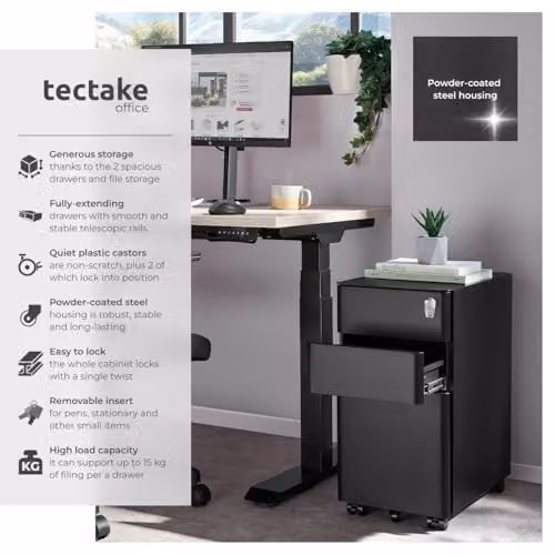 tectake Lockable Mobile Filing Cabinet in Black Steel with 2 A4 Drawers and 1 Hanging File Drawer, W/D/H: 59.5 x 50 x 59.5 cm – 4