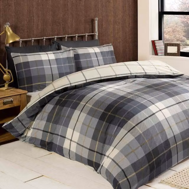 Rapport Home Lomond Blue Checked Flannelette Cotton Duvet Set and Pillowcase, W/D/H: 180 x 200 cm, Pillowcase: 50 x 75 cm