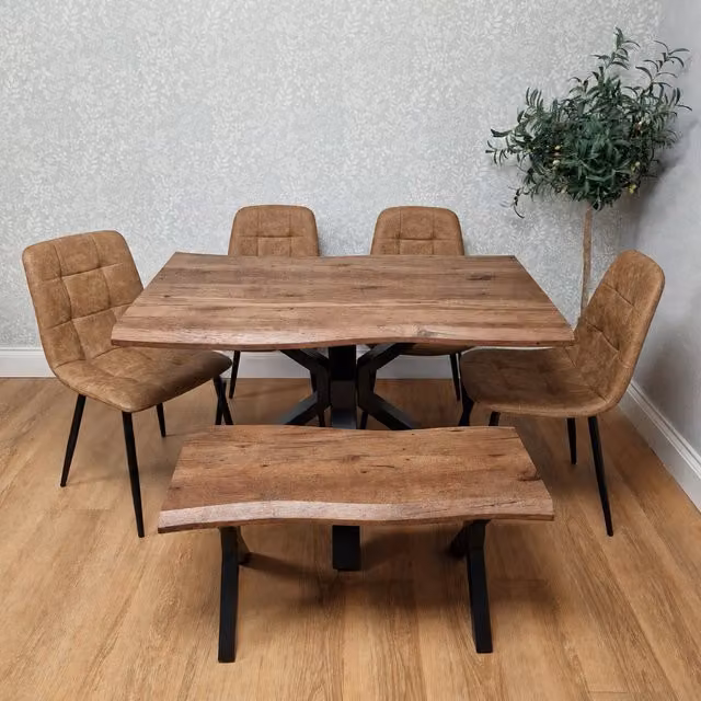 Kosy Koala 6 Seater Industrial Dining Set with Rectangular Wooden Effect Table, Faux Leather Chairs and Bench in Brown and Black
