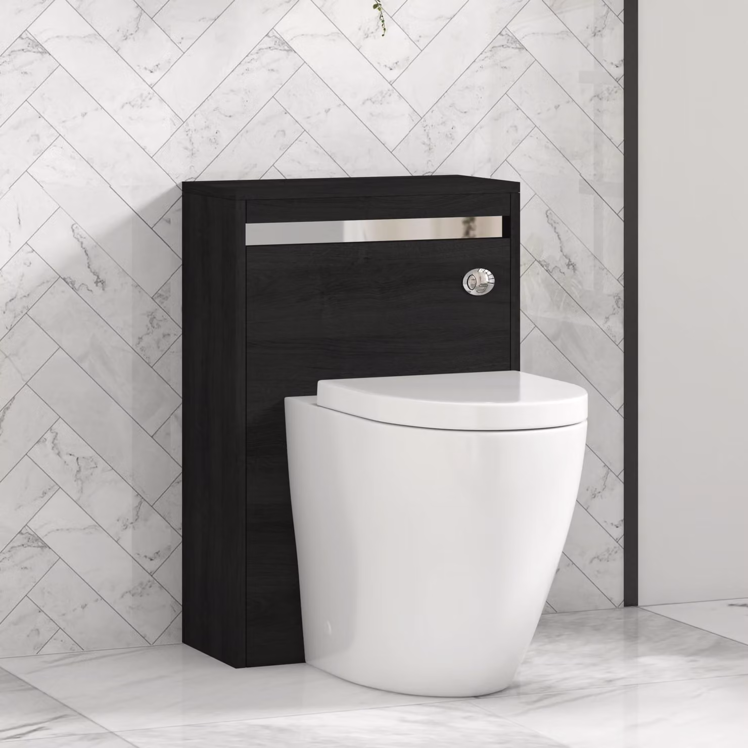 Royal Bathrooms Orion Hale Black BTW WC Unit with Elva Rimless Short Projection Toilet Pan, Seat and Cistern, Chrome Accent Trim, Width: 54 cm