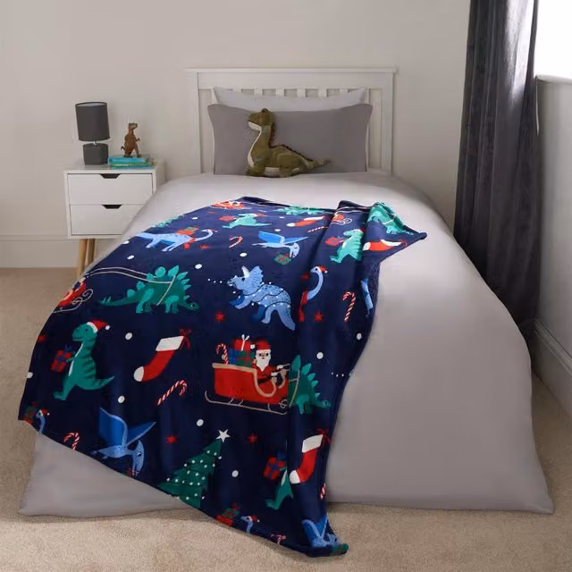 OHS Christmas Dino Sherpa Fleece Throw in Navy Blue