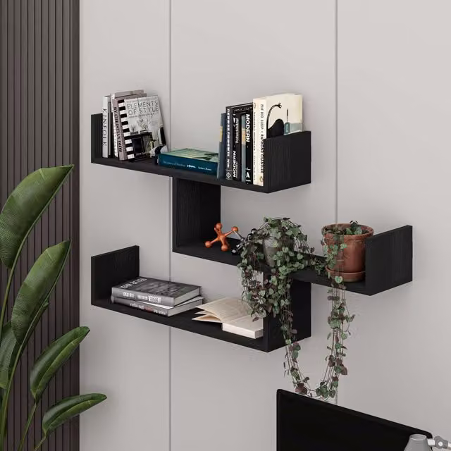 Decortie Tibet Wall-Mounted Modern Bookcase Display Unit in Black Wood, Width: 120 cm – 2