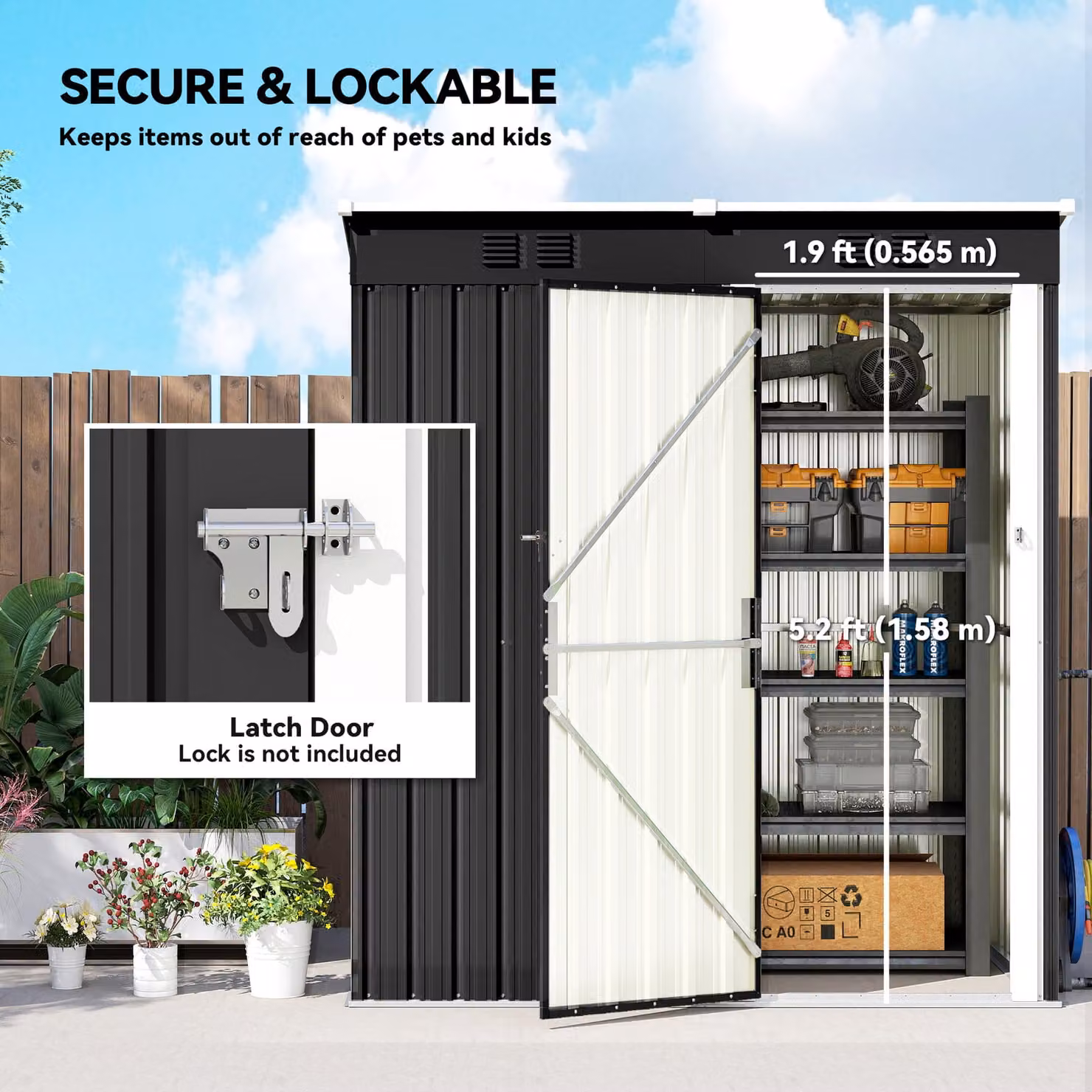 Outsunny Lean-to Garden Storage Shed with Lockable Door and Vents, Dark Grey, W: 152.4 cm, D: 91.44 cm, H: 179 cm – 6