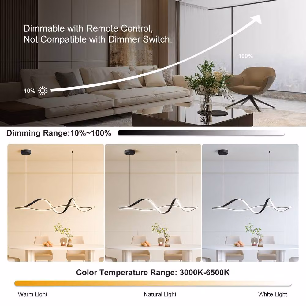 NIVOR 48W Dimmable LED Linear Chandelier in Black, Modern Suspended Pendant Light for Kitchen Islands and Dining Rooms – 3