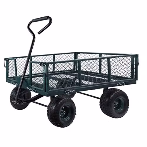 MOUNTALL Heavy Duty Steel Garden Cart Trolley with Folding Sides and 10 inch Pneumatic Tyres, Black Mesh, 350kg Capacity