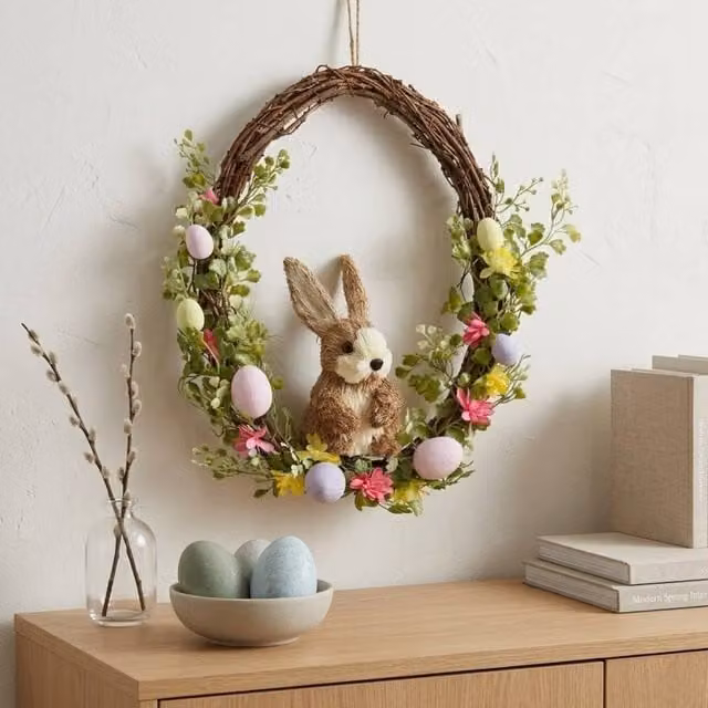 Garden Greatness Multicolour Springtime Easter Straw Bunny Floral Wreath, W: 36 cm, H: 30 cm
