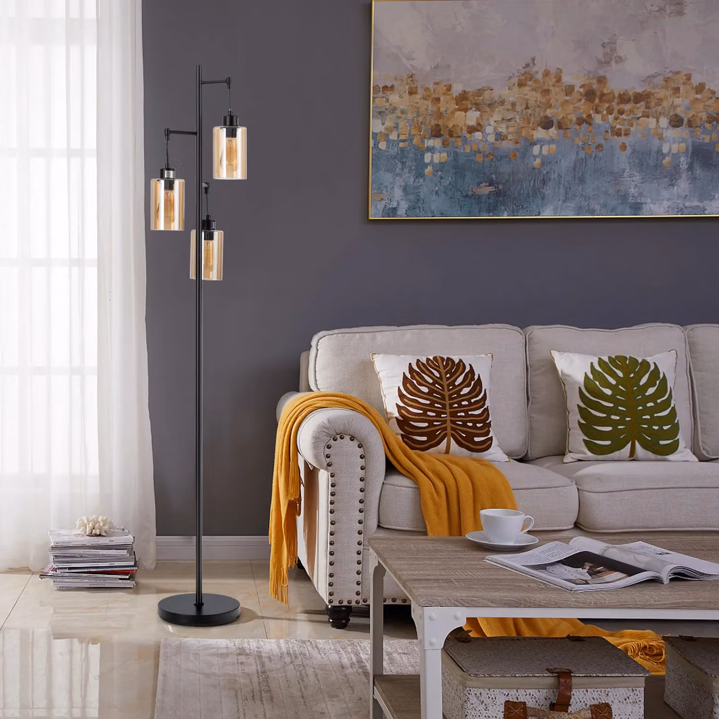 Costway Industrial 3-Light Metal Floor Lamp with Amber Transparent Glass Shades in Black – 5
