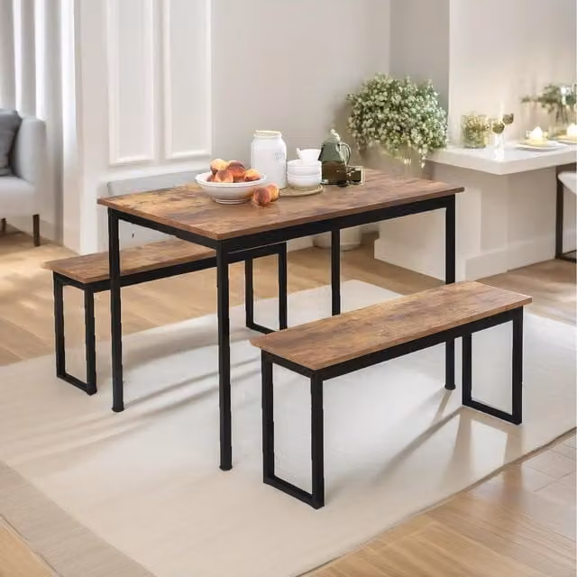 Furnold Industrial Dining Table Set with 2 Benches in Brown and Black