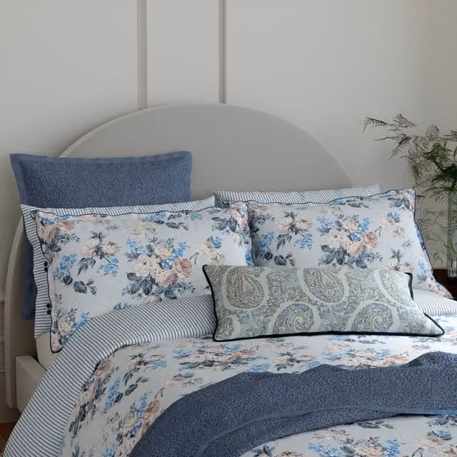 Bedeck of Belfast Delphine Super Kingsize Cotton Percale Duvet Cover and Pillowcase Set, Blue Floral, 200 x 200 cm