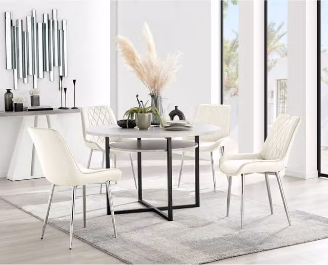 Furniturebox Adley Grey Concrete Effect Storage Dining Table and 4 Pesaro Silver Velvet Chairs in Cream