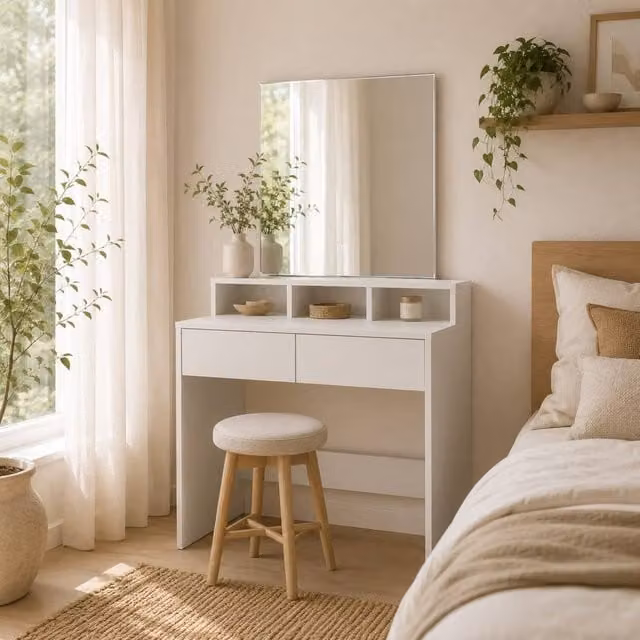 Wyld Haus Linora Roso White Dressing Table with LED Hollywood Mirror, Shelves and Drawers, W/D/H: 135 x 38 x 75 cm