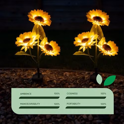 Gardenwize Solar Sunflower Stake Lights with 3 Flower Heads, Warm White LED Garden Ornaments in Yellow – 6