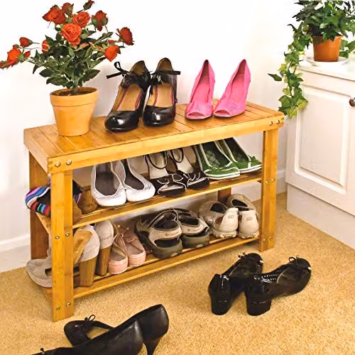 mysmartbuy 3 Tier Bamboo Shoe Rack, Brown Wooden Storage Organizer Bench, H 45 x W 70 x D 28.5 cm – 6