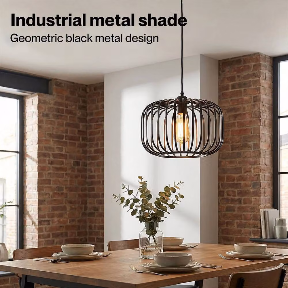 EONLION Industrial Metal Cylinder Ceiling Pendant Light Shade, Black, H: 28.5 cm, W: 18.0 cm, D: 18.0 cm – 3