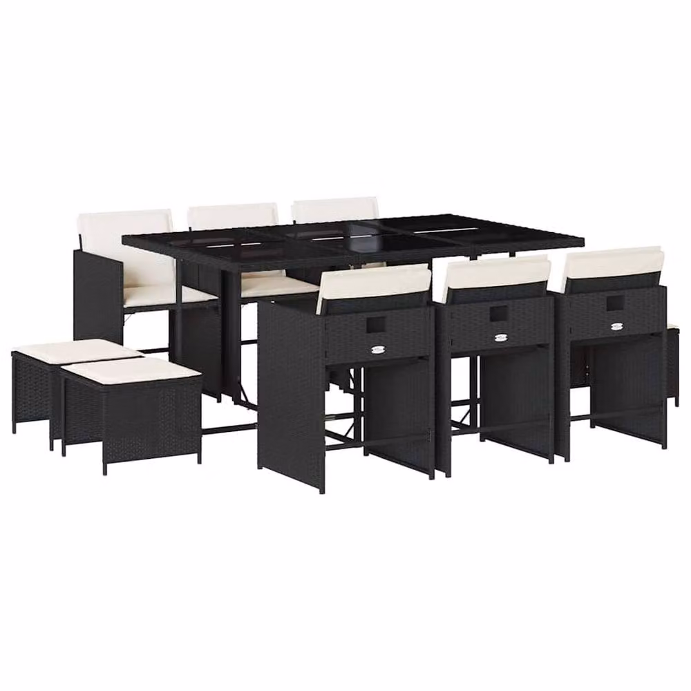 Berkfield Home 11 Piece Black Poly Rattan Garden Dining Set with Cushions and Glass Top – 2