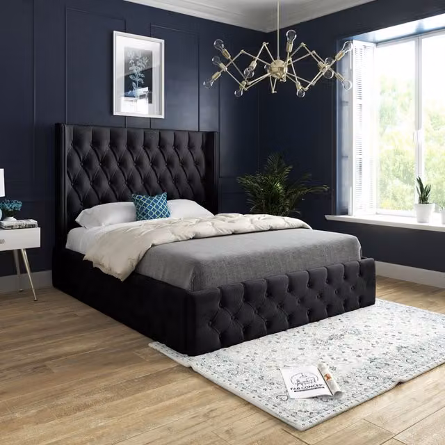 Wayno Chesterfield Straight Winged Upholstered Velvet Bed Frame, Black, Width: 128 cm