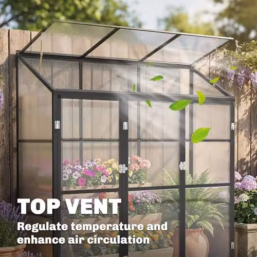 Outsunny Black Polycarbonate Lean-to Pent Greenhouse with 3 Hinged Doors and Top Vent, W/D/H: 182.88 x 45.72 x 180 cm – 8