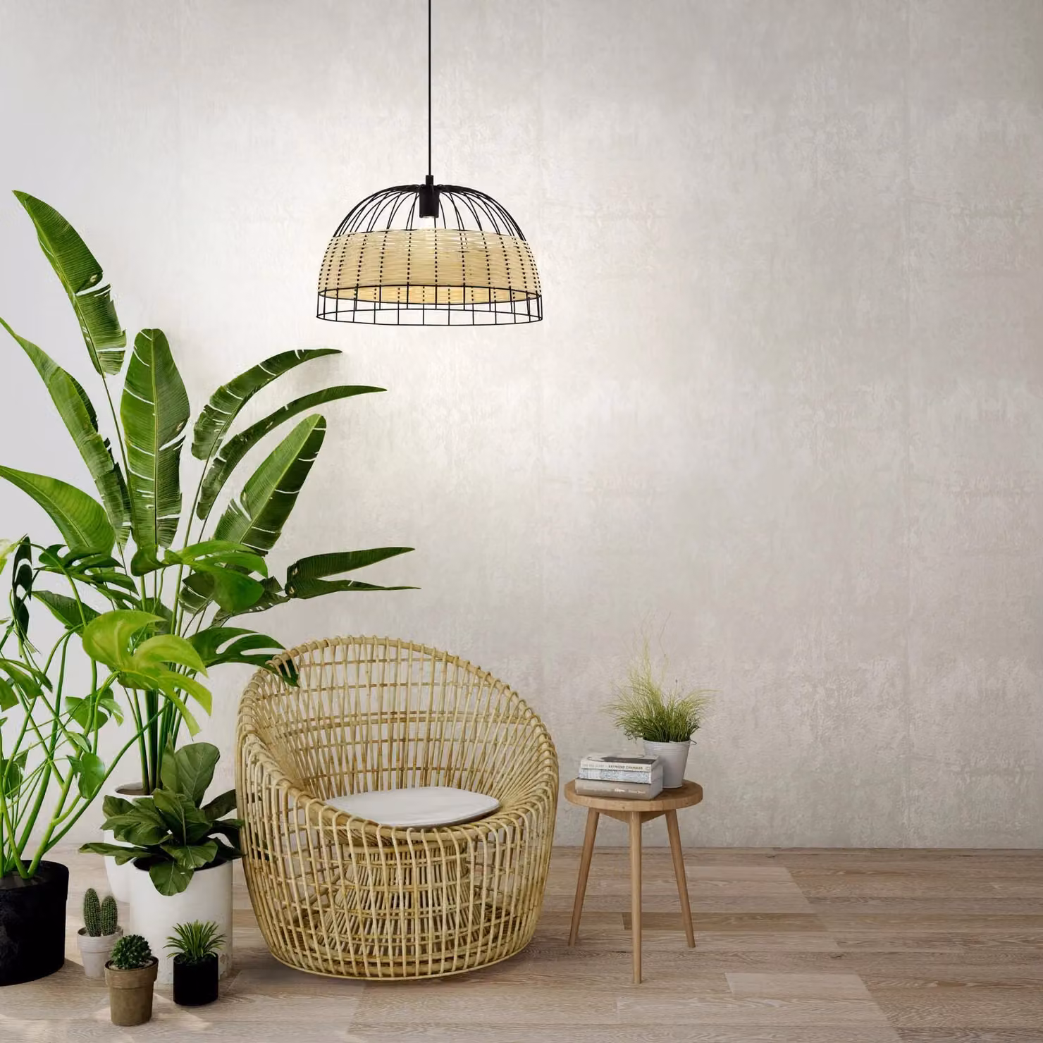 Loops Ceiling Pendant Light and 2x Matching Wall Lights in Black and Wicker Wood – 3