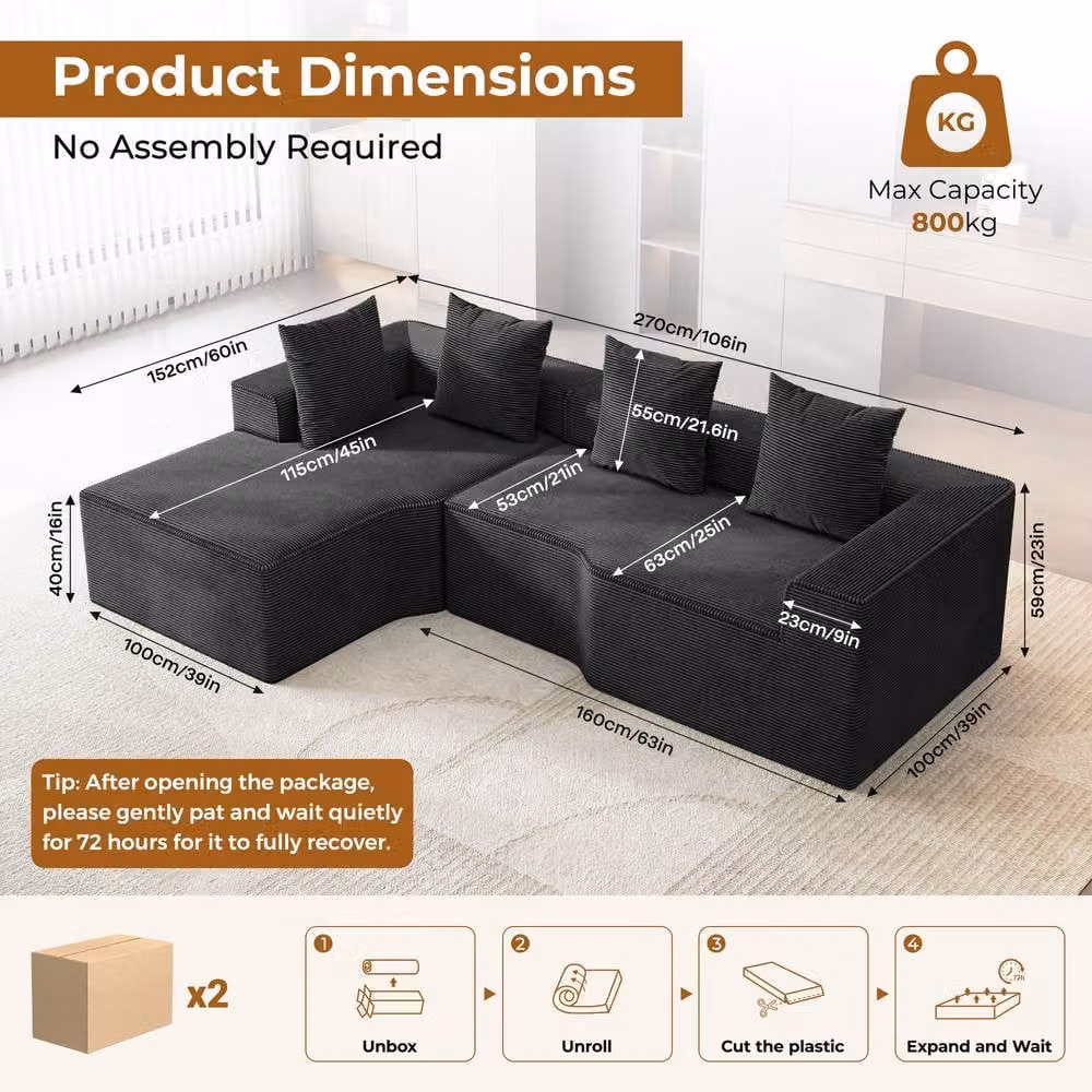 Dprodo Black Corduroy Left-Facing L-Shaped Modular Sofa with Scatter Cushions, Width: 320 cm – 5