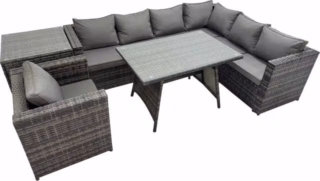 Fimous 7-Seater Rattan Garden Furniture Set in Dark Grey with Glass Tabletop