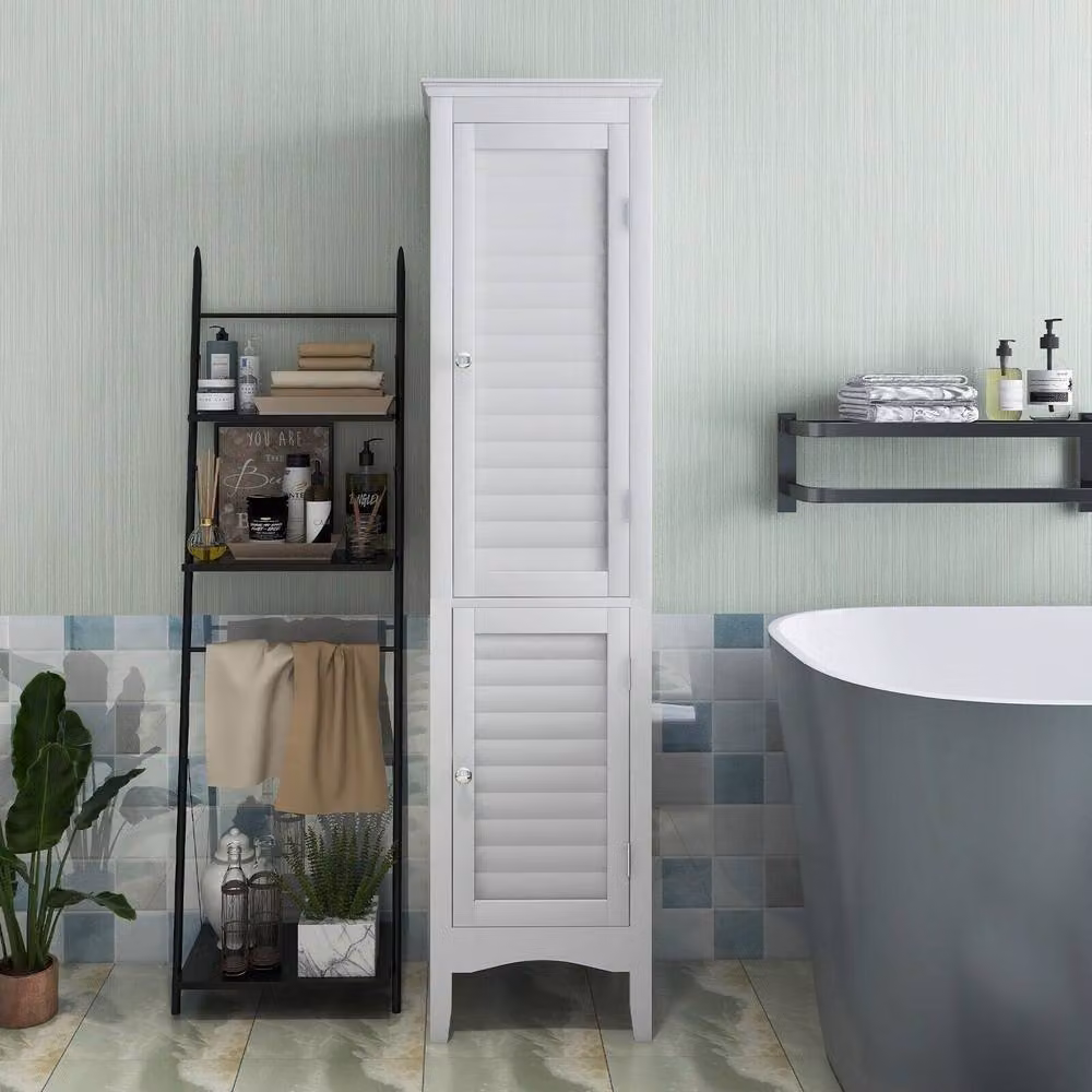 Costway Slim Freestanding White Bathroom Tall Storage Cabinet with 2 Hinged Doors and Internal Shelves – 3