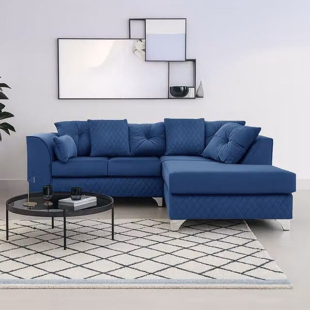 Furnishings For Less UK Victoria 3 to 4 Seater L Shaped Corner Sofa, Right Hand Facing, Blue Soft Plush Velvet with Scatter Back