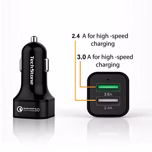 TechStone Dual USB Car Charger with Quick Charge 3.0 in Black and Multicolour – 2