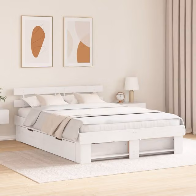 Berkfield Home White Pine Wood Bed with Storage Headboard and Drawers W/D/H: 140 x 200 cm