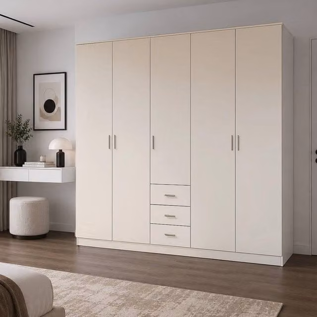 KDMD Chelsea White 5 Door Wardrobe with 3 Integrated Drawers, H 200 cm x W 200 cm x D 50 cm