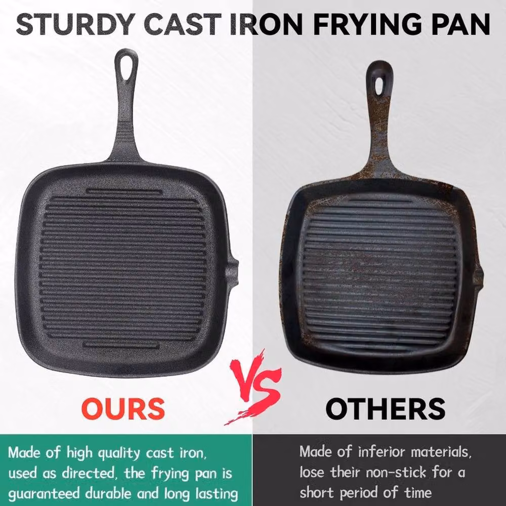 FORGEVIO Uncoated Cast Iron Square Steak Frying Pan Grill with Pouring Spout in Black – 3