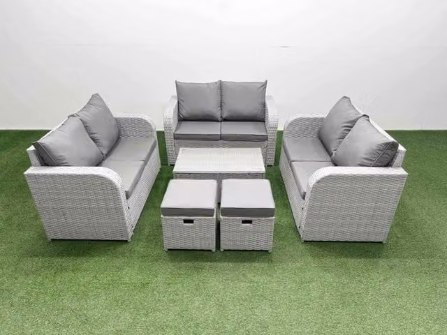 Fimous 8 Seater PE Wicker Rattan Garden Furniture Set in Light Grey with Rectangular Coffee Table, 2 Seater Sofa and 2 Ottomans