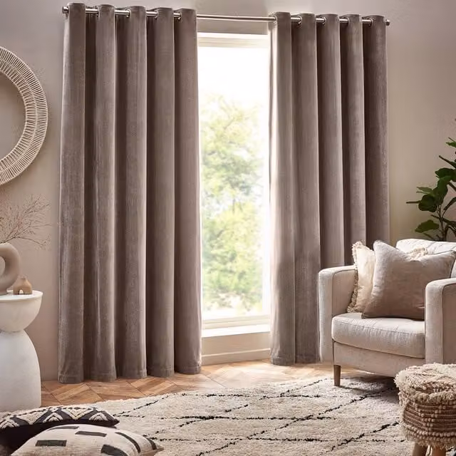 Make It A Home Heavy Chenille Velvet Room Darkening Eyelet Curtains, Greige, Width: 117 cm, Height: 183 cm