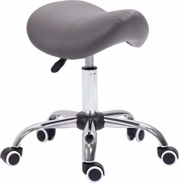 Kelvenix Grey PU Leather Saddle Stool with Moulded Padded Seat and Castors, Height: 60 cm, Width: 49 cm, Depth: 60 cm – 1
