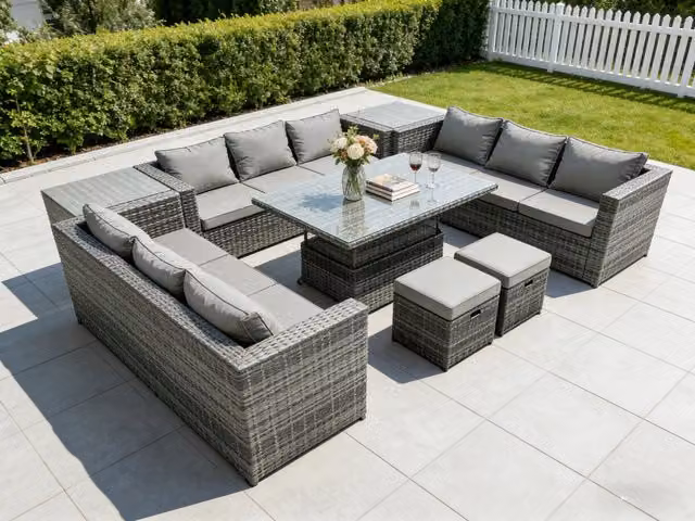 Fimous U-Shaped Rattan Garden Dining Sofa Set with Adjustable Rising Table and 2 Side Tables, Dark Grey Mixed