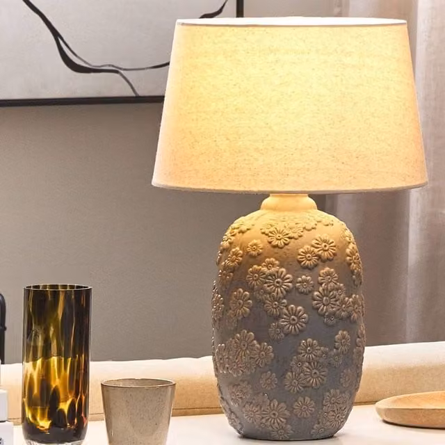 Wyld and Coco Grey and Beige Ceramic Daisy Table Lamp with Fabric Empire Shade, Height: 46 cm