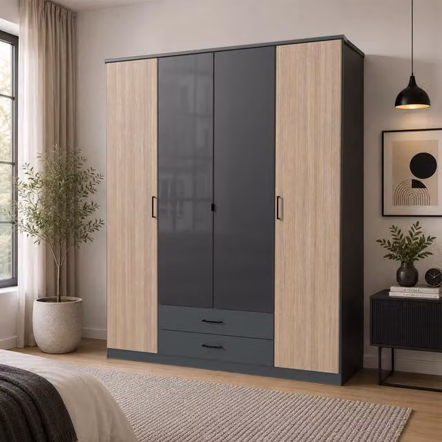 Fulda 4 Door Wardrobe with 2 Drawers and Glass Centre Doors in Grey