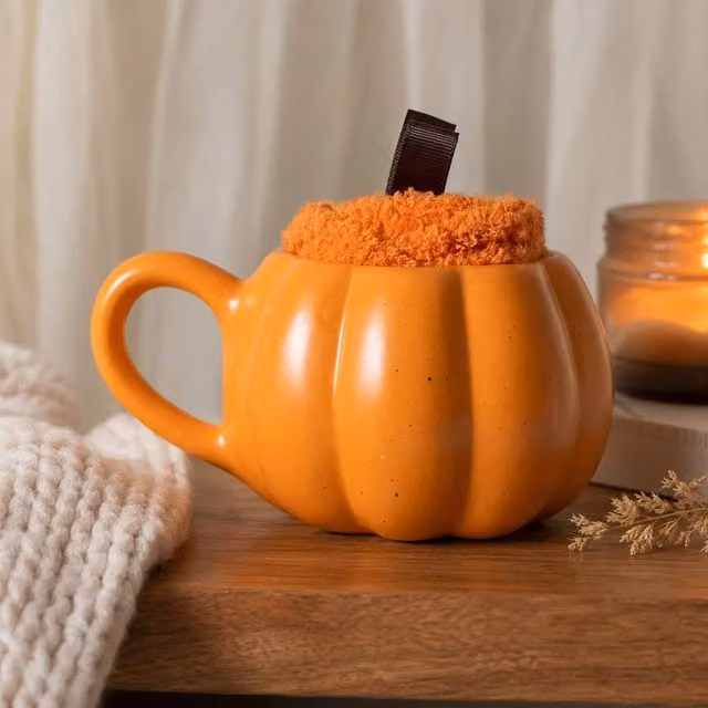 Marco Paul Orange Pumpkin Shaped Ceramic Mug and Socks Set, 450ml – 1