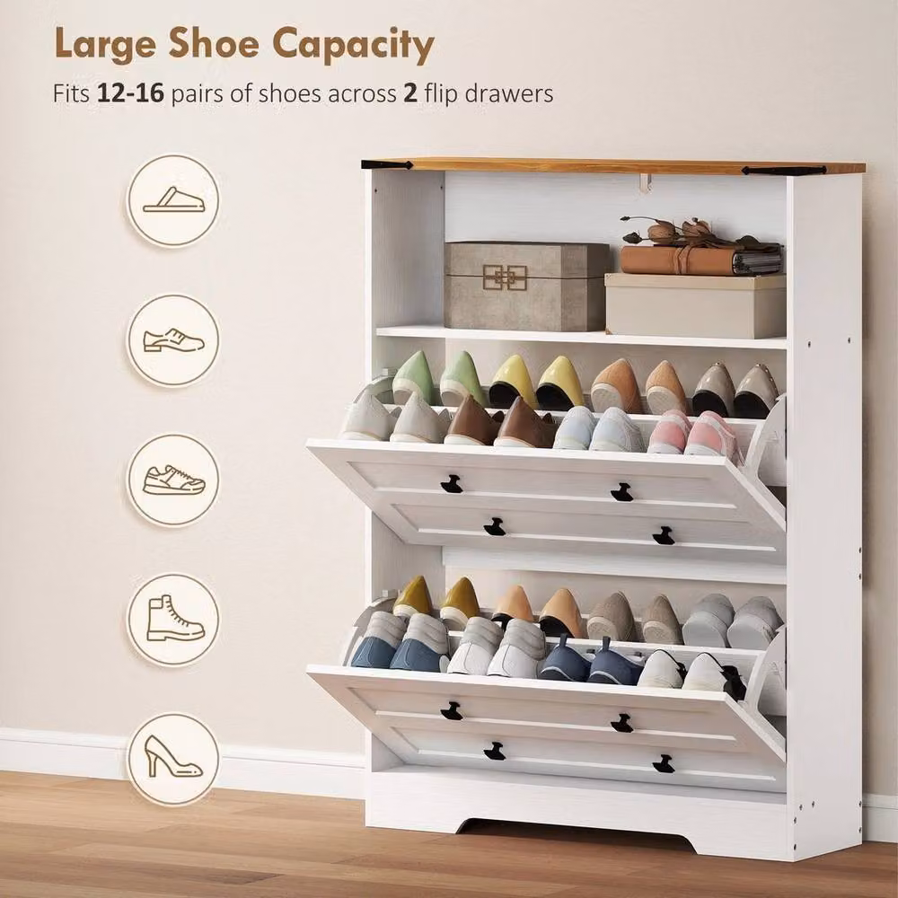 KORVIXA Country House Shoe Storage Cabinet in White with Glass Doors and Tilting Compartments, H 107.5 x W 80.0 x D 23.7 cm – 2