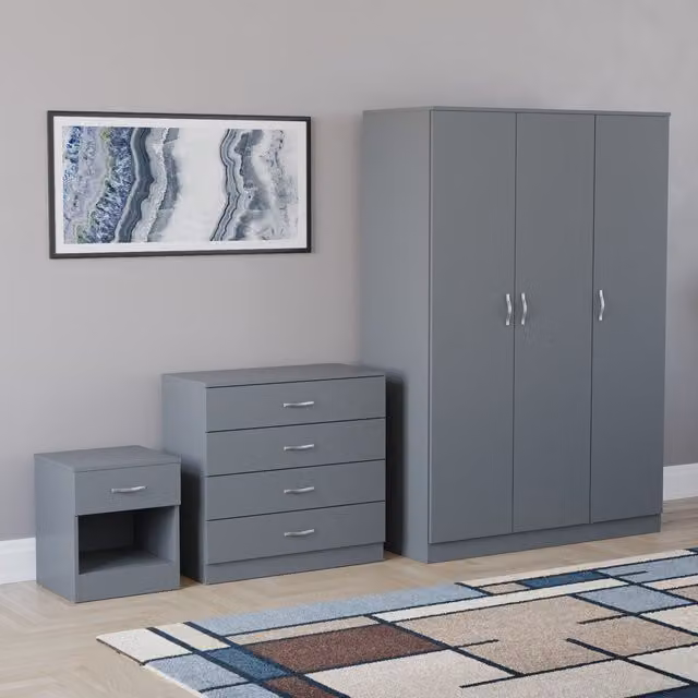 Vida Designs Riano 3 Piece Grey Bedroom Set with 4 Drawer Chest and 3 Door Wardrobe