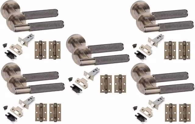 Golden Grace 5 Set Straight T-Bar Knurled Door Handles Internal Set in Antique Brass and Gold