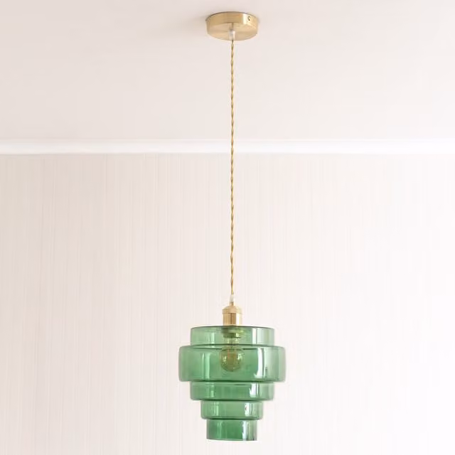 ValueLights Lane 5 Tier Layered Glass Pendant Ceiling Light in Brushed Gold and Green with LED Bulb