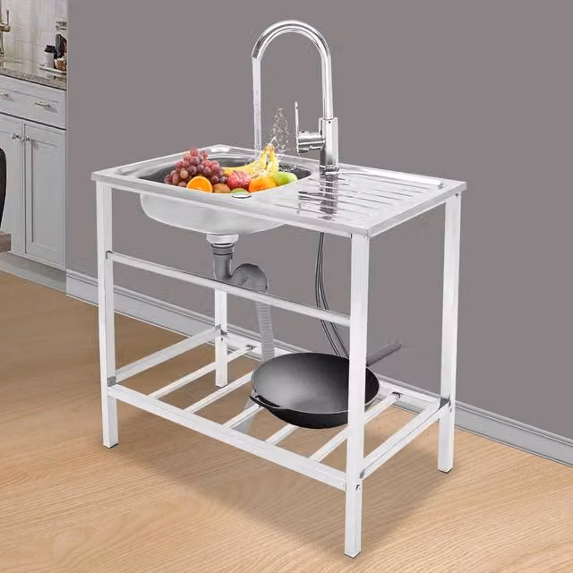 EONLION Single Bowl Commercial Catering Kitchen Utility Sink in Silver, W/D/H: 200 x 100 x 76 cm