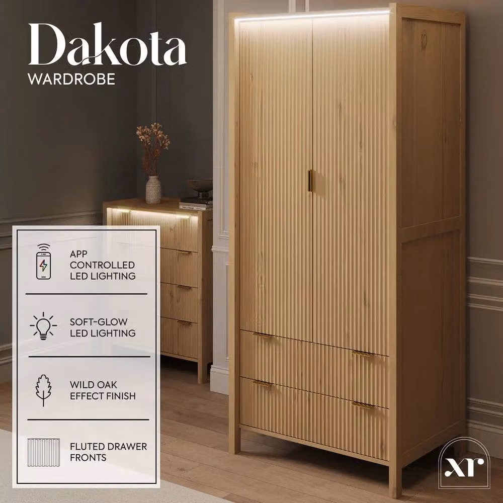 X Rocker XR Living Dakota Two Door Wardrobe with Integrated LED Lighting and Two Internal Drawers in Wild Oak – 1