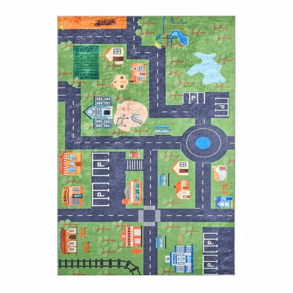 sweeek Children's Indoor Rug with Mini City Print in Green and Multicolour, W: 160 cm, D: 120 cm – 2