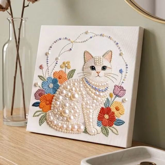 SPETLEK DIY Pearl Diamond Painting Cat in White and Multicolour – 1