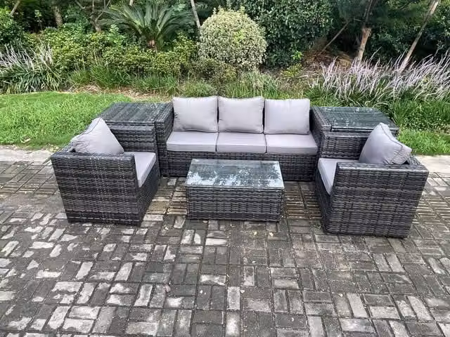 Fimous Rattan Garden Furniture Set in Dark Grey with 3 Seater Sofa, Coffee Table and 2 Side Tables